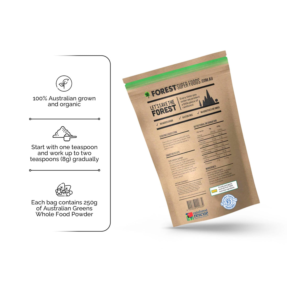 Back of Australian Greens Whole Food Capsules pouch showing nutrition details and Forest Super Foods certification badges