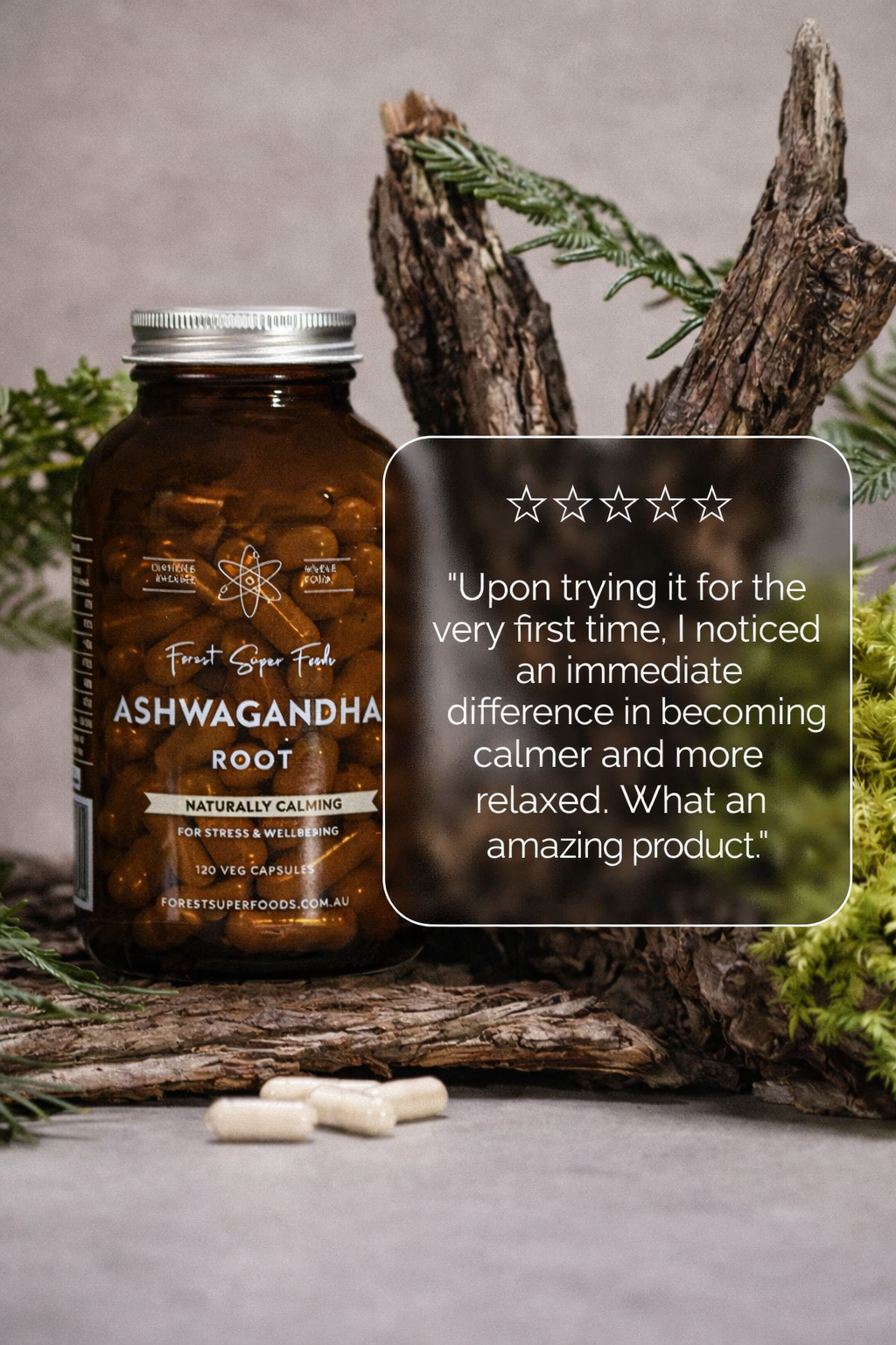 Forest Super Foods Ashwagandha root capsules displayed with customer testimonial