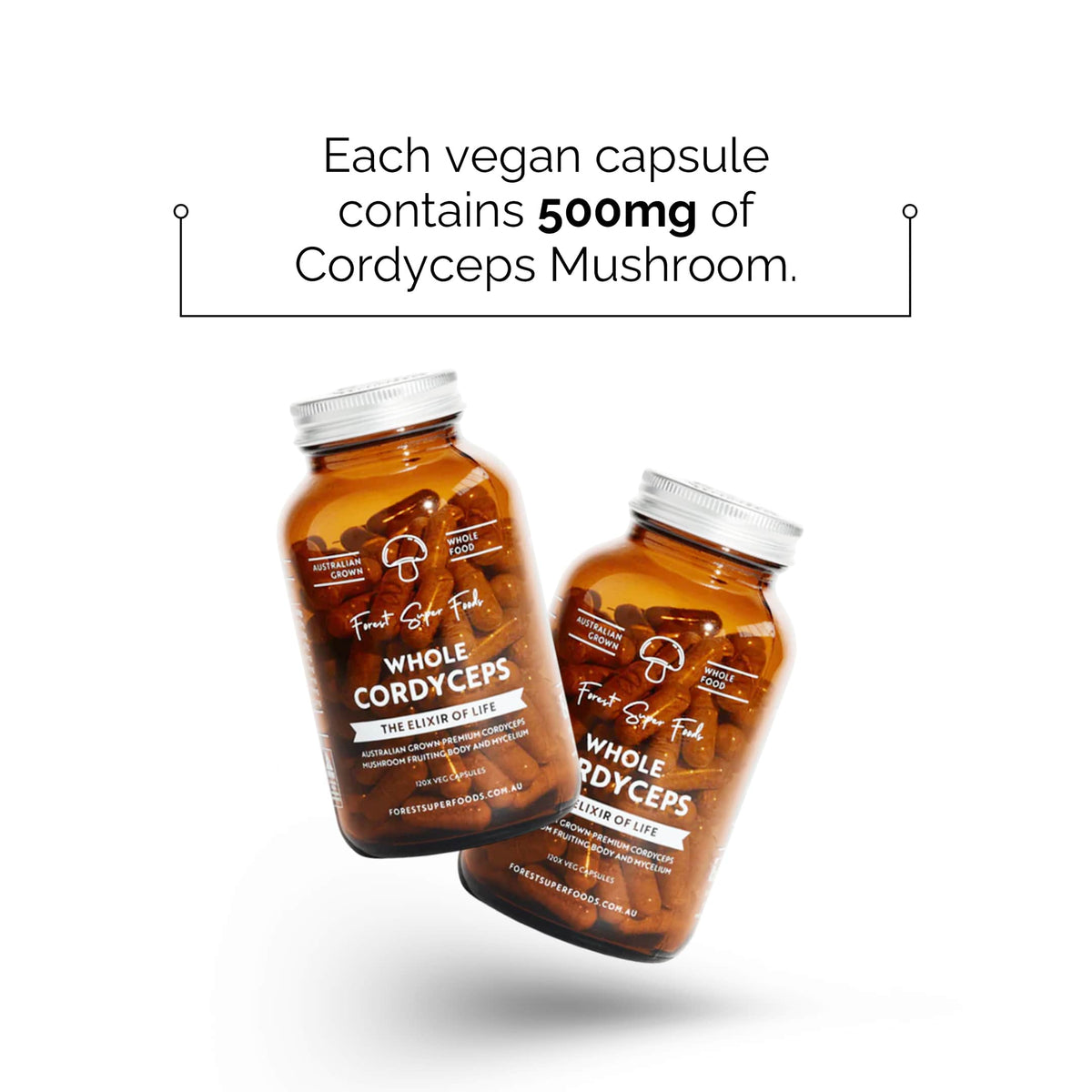 Australian Grown Cordyceps Mushroom bottles with 500mg vegan capsules supporting natural energy by Forest Super Foods