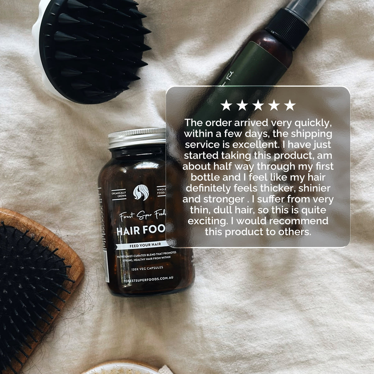Hair Food bottle by Forest Super Foods with capsules promoting thicker, shinier, and stronger hair from within