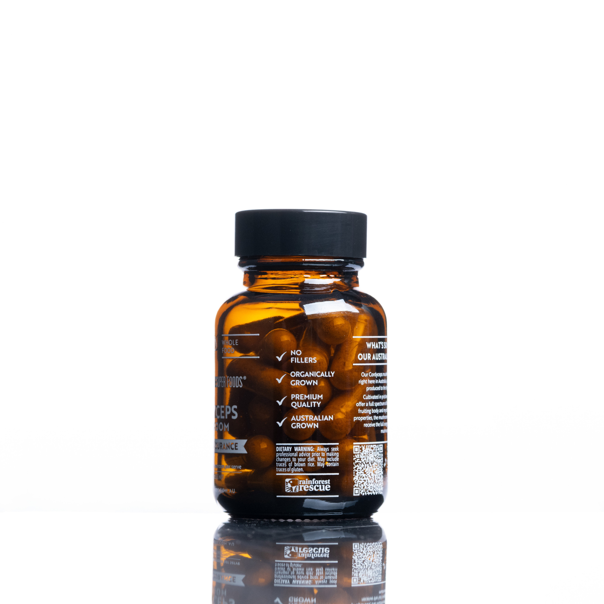 Amber bottle showing Mini Australian Grown Cordyceps Mushroom capsules by Forest Super Foods with purity and quality details