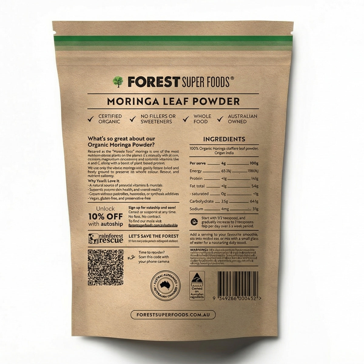 Back of Organic Moringa Leaf Powder packaging showing ingredients, nutritional info, and certified organic Australian details