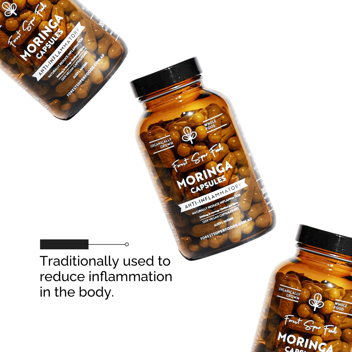 Mini Organic Moringa Capsules amber bottle with anti-inflammatory, organically grown whole food supplement by Forest Super Foods