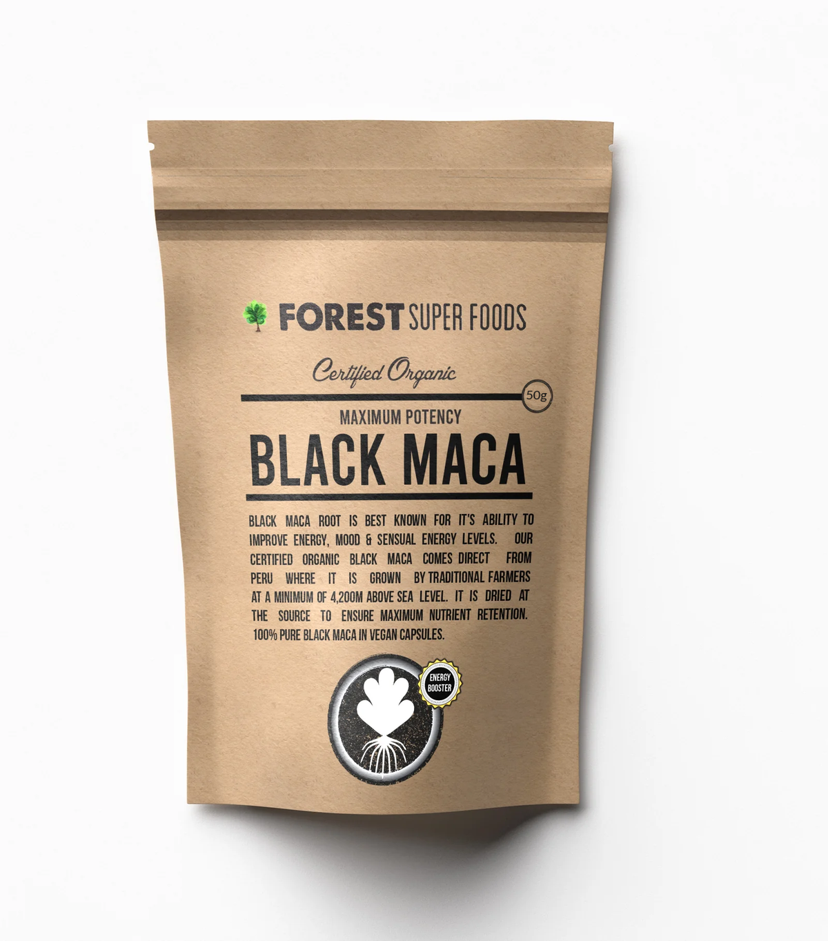 Mini Black Maca Powder pouch from Forest Super Foods, certified organic, maximum potency, vegan-friendly energy support