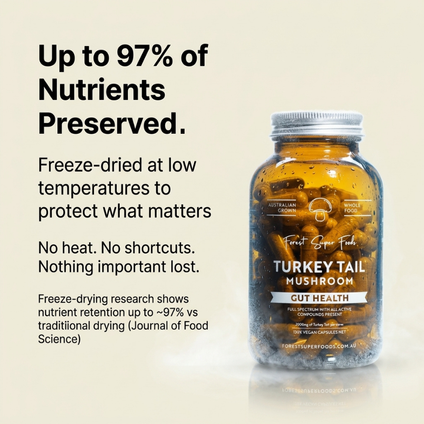 Bottle of Turkey Tail Mushroom capsules with text about nutrient preservation through freeze drying