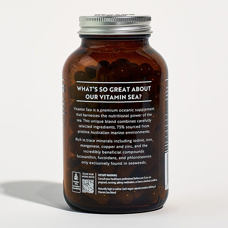 Vitamin Sea Capsules bottle showing detailed ingredient and mineral benefits from Australian oceanic seaweed blend