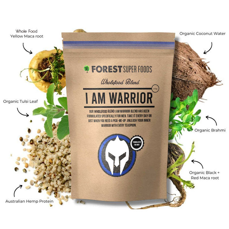 I Am Warrior Mens Multivitamin Capsules pouch with organic whole-food blend including maca root, coconut water, and hemp protein